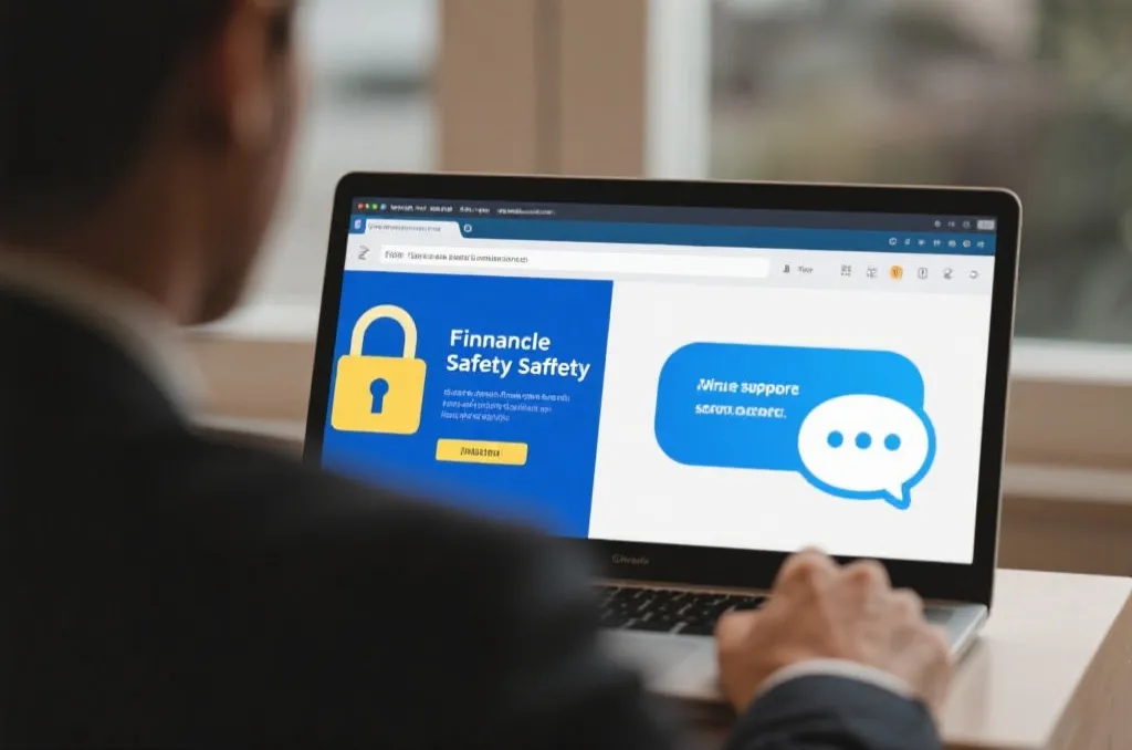 Online financial safety guidance showing secure lock on web browser and official support chat icon