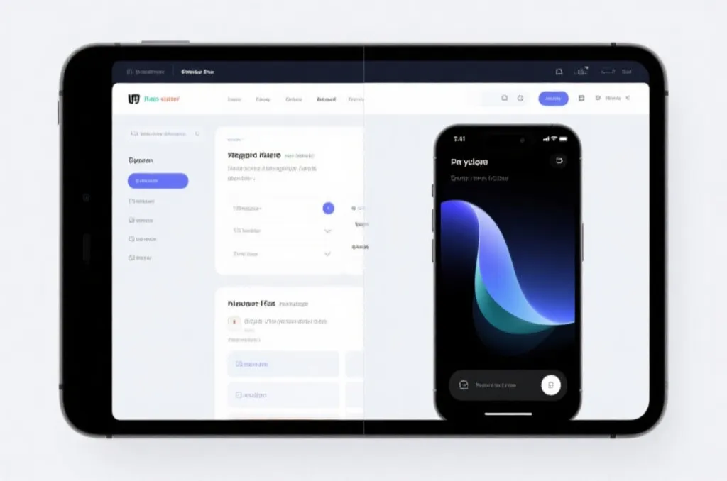 A conceptual illustration of a fluid responsive web browser design and a premium mobile application layout side by side